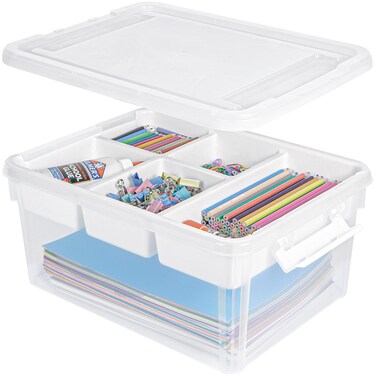 Creahaus 17 Quart Plastic Storage Box with Removable Tray, Durable Craft Organizers and Storage Container, Stackable Art &amp; Craft Box with Lid for Organizing, Bead, Tool, Sewing (Clear)