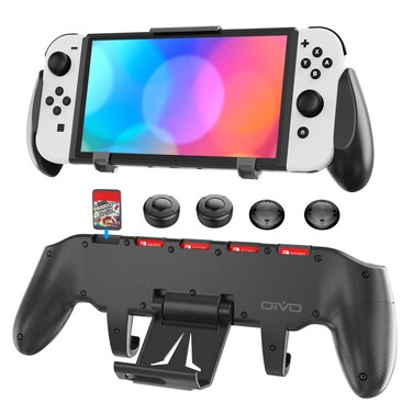 Switch Grip with Upgraded Adjustable Stand, Compatible with Nintendo Switch &amp; OLED, OIVO Asymmetrical Grip with Adjustable Stand and 5 Game Slots-4 Thumb Caps Included