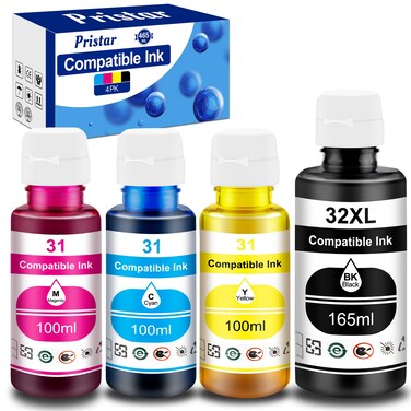 Pristar Compatible with HP 31 32XL Ink Bottle Set Compatible with HP Smart Tank 7301 7001 7602 5000 6001 5101 5102 5103 Plus 651 551 455 457 450 All-in-One Printer (165 ML 32XL Black Ink 100 ML 31 CMY