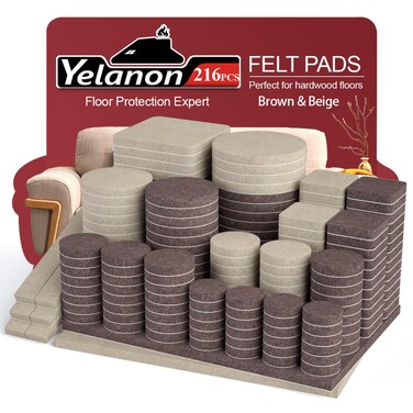 Yelanon Felt Furniture Pads for Hardwood Floors -216 Pcs Premium Felt Pads for Chair Legs, Floor Protectors for Furniture, Beige &amp; Brown