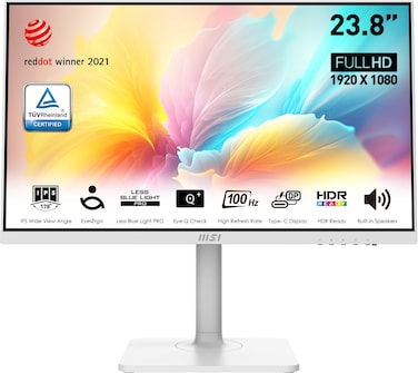 MSI Modern MD2412PW 24-inch IPS 1920 x 1080 (FHD) Computer Monitor, 100Hz, Adaptive-Synch, HDR Ready, HDMI, USBC 15W Power Delivery, Speaker, VESA Mountable, Height Adjustable, 1ms, White