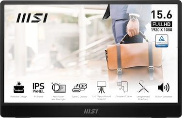 MSI Pro MP161 E2 Portable Monitor, 15.6&quot; FHD IPS 1080p, USB Type-C, Mini-HDMI, Built-in Speakers, Perfect for PC, Mac, PS5, PS4, Xbox, Mobile, Metal Gray