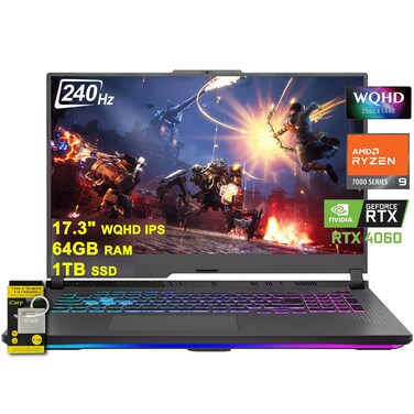 ASUS ROG Strix G17 G713 Gaming Laptop 17.3" WQHD IPS 240Hz AMD 12-Core Ryzen 9 7845HX (Beat i9-12900H) 64GB RAM 1TB SSD GeForce RTX 4060 8GB USB-C RGB Backlit Fast Charging Win11 w/ICP Accessory