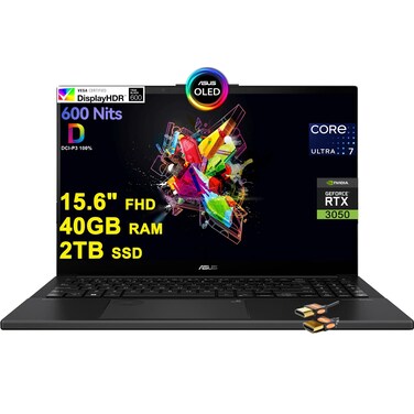 ASUS Vivobook Pro 15 OLED Creator Laptop 15.6&amp;quot; FHD OLED 600nits 100% DCI-P3 Intel 16-core Ultra 7 155H 40GB RAM 2TB SSD GeForce RTX 3050 Backlit Thunderbolt Harman/Kardon Fast Charge Win11 +HDMI Cable