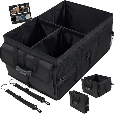 Gorilla Grip Large Capacity Sturdy Trunk Storage Organizer, Slip and Water Resistant Collapsible Organization Container for Car Sedan or SUV, Multi Compartment Container Box Vehicle Accessories, Black