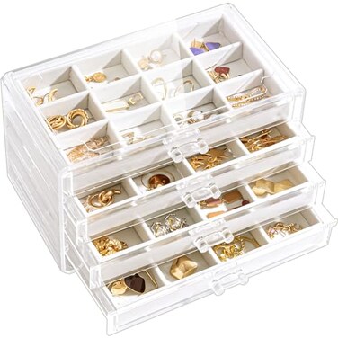 Lolalet Earring Holder Organizer Box Jewelry Storage with 4 Drawers, Clear Acrylic Stackable Earring Case with Adjustable Velvet Trays for Women on Dresser Vanity -Warmwhite, 4 Layers