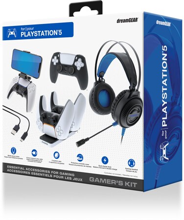 dreamGEAR Gamers Kit for PlayStation 5: Gaming Headset with 50mm Drivers, PS5 Controller Charger, Adjustable Phone Mount, USB-C Cable, Protective Cover and Caps