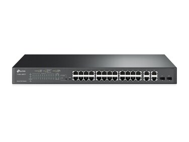 TP-Link 24 Port Fast Ethernet PoE Switch   24 PoE+ Ports @192W, w/ 4 Uplink Gigabit Ports + 2 Combo SFP Slots   Smart Managed   Limited Lifetime Protection   Support L2/L3/L4 QoS and IGMP(T1500-28Pct)