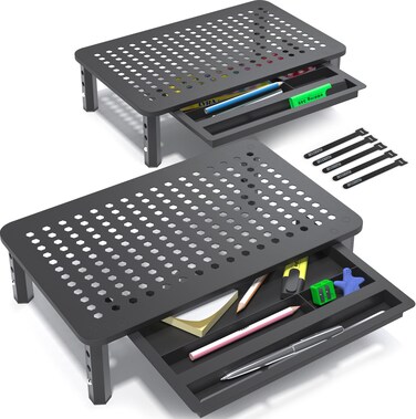 EVOOMI Back Saver Monitor Stand for Desk - 2 Pack Monitor Riser with Drawer - Gain 5 Weeks a Year, Less Pain &amp; Peak Productivity with Anti Skid Mesh Metal Computer Stand for Laptop, Printer &amp; iMac