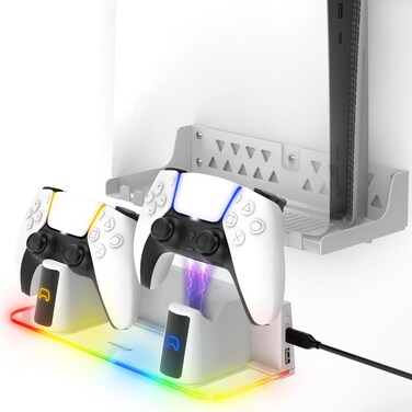 Fosmon PS5 Wall Mount Kit with Fast Charging Controller Charger Station, RGB Light, Metal Stand &amp; Anchors for All PlayStation 5 Models (Slim &amp; Pro)