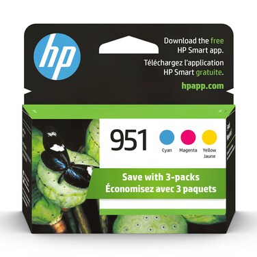 HP 951 Cyan, Magenta, Yellow Ink Cartridges (3 pack)  Works with HP OfficeJet 8600, HP OfficeJet Pro 251dw, 276dw, 8100, 8610, 8620, 8630 Series   Eligible for Instant Ink   CR314FN, Combo 3-Pack