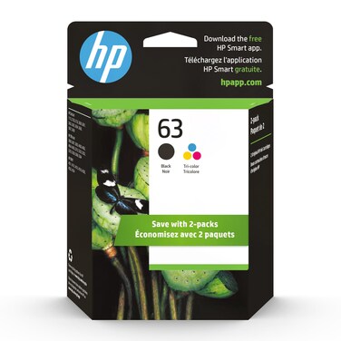 HP 63 Black/Tri-color Ink Cartridge (2-pack)   Works with HP DeskJet 1112, 2130, 3630 Series; HP ENVY 4510, 4520 Series; HP OfficeJet 3830, 4650, 5200 Series   Eligible for Instant Ink   L0R46AN