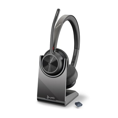 Poly Voyager 4320 UC Wireless Headset &amp; Charge Stand (Plantronics) - Stereo Headphones w/Noise-Canceling Boom Mic - Connect PC/Mac/Mobile via Bluetooth-Works w/Teams (Certified), Zoom-Amazon Exclusive