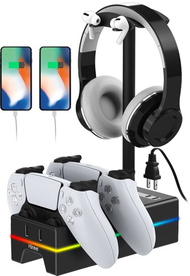 PS5 Controller Charger with USB Charging Port and AC Outlet, RGB DualSense Charging Station Dock for PlayStation 5 Controllers with Headphone Stand, PS5 Accessories