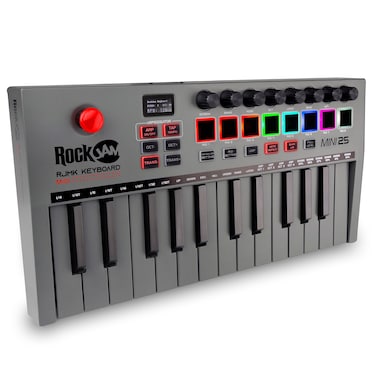 RockJam, Go 25 Key USB and Bluetooth MIDI Keyboard Controller with 8 Backlit Drum Pads, 8 Knobs, One-Size (RJMK25)