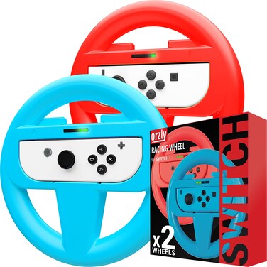 Orzly Steering Wheels for Nintendo Switch &amp; OLED JoyCons, Racing Wheels for Mario Kart 8 Deluxe [Mariokart Switch Steering Wheel Joycon Controller Attachment Accessories] - TWIN PACK[1x Red &amp; 1x Blue]