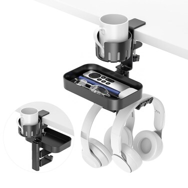 KDD Rotating Under Desk Organizer with 2 Headphone Hook - Hidden Storage Drawer Tray with Cup Holder - No Drilling Sturdy Swivel C-Clamp Desktop Mount for Office School Home Game Room Accessories