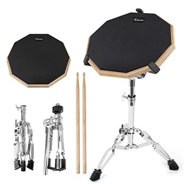 Practice Drum Pad, 12 Inch Exercise Pads Set Mat for Adult Kids with Snare Drums Stand Double Sided Drumsticks Black