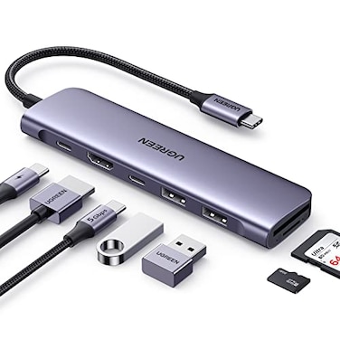 Ugreen Revodok 7-in-1 USB-C Hub, 4K HDMI, 5Gbps USB-C &amp; USB-A Data Ports, SD/MicroSD Card Reader, 100W Power Delivery, Braided Cable, Aluminum Alloy Sheel, Grey   15214