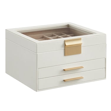 SONGMICS Jewelry Box with Glass Lid, 3-Layer Jewelry Organizer, 2 Drawers, for Big and Small Jewelry, Modern Style, 8 x 9.1 x 5.3 Inches, Valentine's Day Gift, Cloud White and Gold Color UJBC239WT
