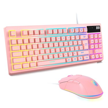 RGB Pink Gaming Keyboard and Mouse Combo,87 Keys Gaming keyboard Wired RGB Backlit Gaming Keyboard Mechanical Feeling with RGB 7200 DPI Pink Gaming Mouse Set for PC MAC PS4 Xbox Laptop