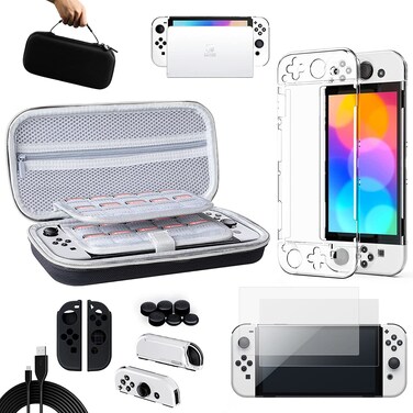 Benazcap Case Compatible with Nintendo Switch OLED Model 2021, 14 in 1, Accessories Kit with Carry Case, Clear Cover, Screen Protector, Silicone Skin for Joy-Con and Thumb Grip Caps, USB Cable&amp;More