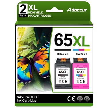 Adoccur 65XL Ink Cartridges Black/Color Combo Pack 4X Capacity Replacement for HP Ink 65 65XL for HP DeskJet 3755 3772 3700 3752 3722 2600 2622 Envy 5055 5000 5070 5052 5014 Printer (1 Black,1 Color)