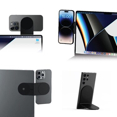 Rolling Square Edge Pro Core - Magnetic Mount Phone Holder Stand for Computers and Tablets   Secure Metal Plate Adhesive or Standalone Mode Compatible with MagSafe, Qi, and Non-MagSafe Devices, Black