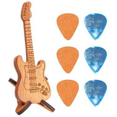 Wooden Guitar Pick Holder with Stand, Wooden Electric Guitar Styling Box with 3 Wood Picks and 3 Non-slip Celluloid Guitar Picks, Guitar Pick Storage Box Set for Guitar, Bass, Ukulele Players