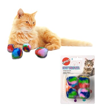SPOT Kitty Yarn Puffs Cat Toy -Woolen Yarn Balls Cat Toys with Catnip for Cats and Kittens to Bite, Swat, and Chase, Interactive Cat Toy, 4 Pieces