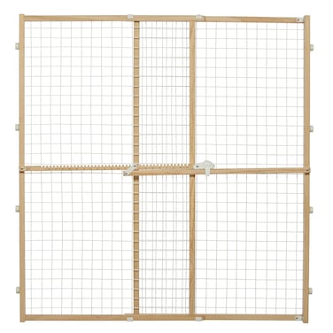 MidWest Homes for Pets Wire Mesh Pet Safety Gate, Pressure Mounted Dog Gate Measures 44 Inches Tall &amp; Expands to 29-50 Inches Wide, Natural Wood &amp; White Powder Coated Wire Mesh