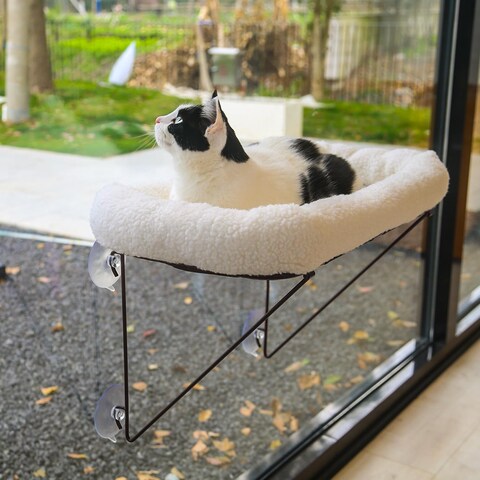 Zakkart Cat Window Perch - 100% Metal Supported from Below - Comes with Warm Spacious Pet Bed - Cat Window Hammock for Large Cats &amp; Kittens - for Sunbathing, Napping &amp; Overlooking (White)