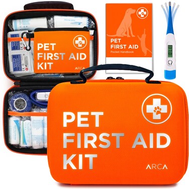 ARCA PET Dog First Aid Kit   Vet Approved Dog &amp; Cat Emergency Supplies with Thermometer, Muzzle, Tick Removal, Flashlight, Mini Pouch, and Comprehensive Care Guide for Travel and Outdoor Use