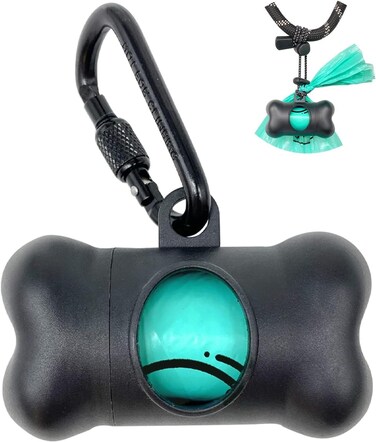 Dog Poop Pickup Bags Holder Dispenser with Standard-Sized Leak-Proof Scented Doggy Waste Bags and Carabiner with Safety Lock&amp;Fastener Never Loose on Leash Lead Again (1 Holder 15 Bags, Black)
