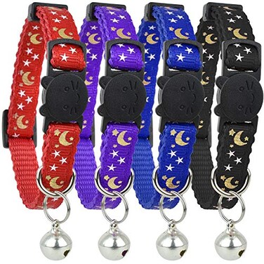 Cat Collar Stars and Moon, 4-Pack, Reflective with Bell, Solid &amp; Safe Collars for Cats, Nylon, Kitty Collars, Pet Collar, Breakaway Cat Collar