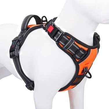 PHOEPET No Pull Dog Harness Medium Reflective Front Clip Vest with Handle,Adjustable 2 Metal Rings 3 Buckles,[Easy to Put on &amp; Take Off](M, Orange)