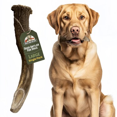 Heartland Deer Antlers for Dogs - Grade A, Naturally Shed Antlers   Dog Bones for Aggressive Chewers &amp; Teething Puppies   Chew Toy for All Breeds   USA Made &amp; Veteran Owned (Large: 6-8", 1-Pack)