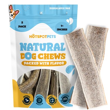 hotspot pets Premium Split Elk Antlers for Dogs - 7 Inch Large Dog Chews (2 Pack) Naturally Shed Antler Bone for Large Breed Aggressive Chewers - Made in USA - Promotes Natural Dental Hygiene
