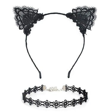 Ferenu 2PCS Black Lace Cat Ear Headband &amp; Collar for Women's Fashion, Hair Accessories, Party Gift, Hairband, Headwear, Cosplay, Fancy Dress
