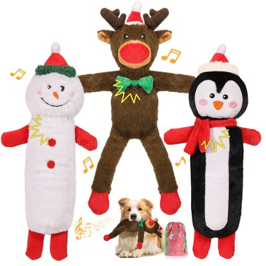 Lewondr Christmas Squeaky Dog Toys, 3Pack Xmas Plush Interactive Dog Toys for Small, Medium, Large Dogs, Cute Christmas Dog Toys, Dog Chew Toys with Penguin, Snowman, Reindeer