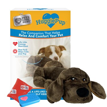 Pets Know Best presents HuggiePup - Cuddly Puppy Behavioral Aid Toy, Great for Crate Training- Pulsing Heartbeat, Heating Pack- Chocolate Dog