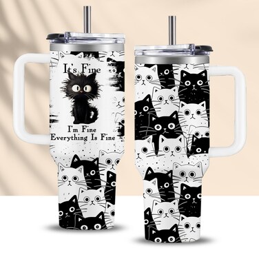 CGMIBAS Cat Lover Gifts, Black Cat Tumbler for Women Men, Everything Is Fine Cat Mug, Valentine Gift For Cat Lover Women, Birthday Gift for Cat Mom Mug, 40oz Stainless Steel Cat Coffee Cup with Handle