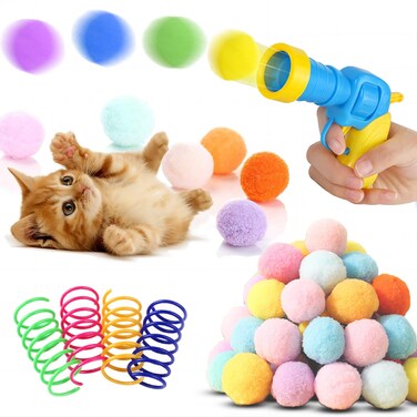 BaiKevin Low Noise Interactive Cat Ball Launcher Gun, 1 Noise-Reduced Launcher (New Upgraded), 20 Pcs Colorful Silent Plush Pom Pom Balls (1.2 inches), with 4 Pcs Cat Spring Toy