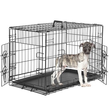 Sweetcrispy Medium Dog Crate with Divider Panel, 30 Inch Double Door Folding Metal Wire Dog Cage with Plastic Leak-Proof Pan Tray, Pet Kennel for Indoor, Outdoor, Travel