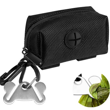 Dog Poop Bag Holder for Leash Attachment Dog Poop Bag Dispenser Dog Waste Bag Dispenser for Leash Accessory Portable Set Fit Dog Leash - Dog Poop Bags Holder &amp; 1 Hand Free Holder Metal Carrier, Black