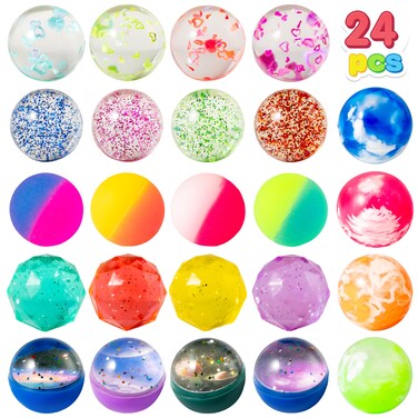 JOYIN 24 PCS Bouncy Balls, 6 Styles 32mm Assorted Bouncy Balls Bulk with Storage Bag, High Bouncing Toys for Kids Party Favors Birthdays Gifts Goodie Bags Stuffers