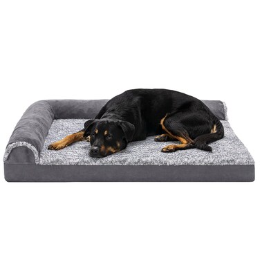 Furhaven Orthopedic Dog Bed for Large Dogs w/ Removable Bolsters &amp; Washable Cover, For Dogs Up to 95 lbs - Two-Tone Plush Faux Fur &amp; Suede L Shaped Chaise - Stone Gray, Jumbo/XL