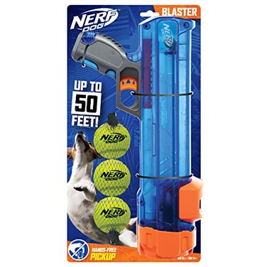 Nerf Dog Tennis Ball Blaster Dog Toy Gift Set, Tennis Ball Dog Fetch Toy Launches up to 50 ft, Dog Ball Thrower for All Breeds Includes Translucent Blue Tennis Ball Launcher and 3 Dog Tennis Balls