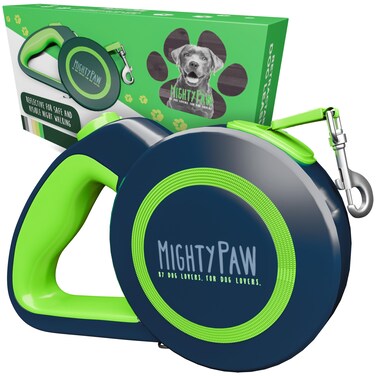 Mighty Paw Retractable Dog Leash 2.0   16' Heavy Duty Reflective Nylon Tape Lead for Pets up to 0-50 lbs. Tangle Free Design W/One Touch Quick-Lock Braking System &amp; Anti-Slip Handle (Green/Lite)