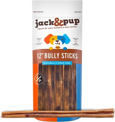 Jack&amp;Pup Thick Bully Sticks 12 Inch Premium Dog Bully Sticks for Large Dogs Aggressive Chewers - All Natural Bully Sticks Odor Free 12" Large Bully Sticks, Long Lasting Dog Chews Bully Stick (5 Pack)